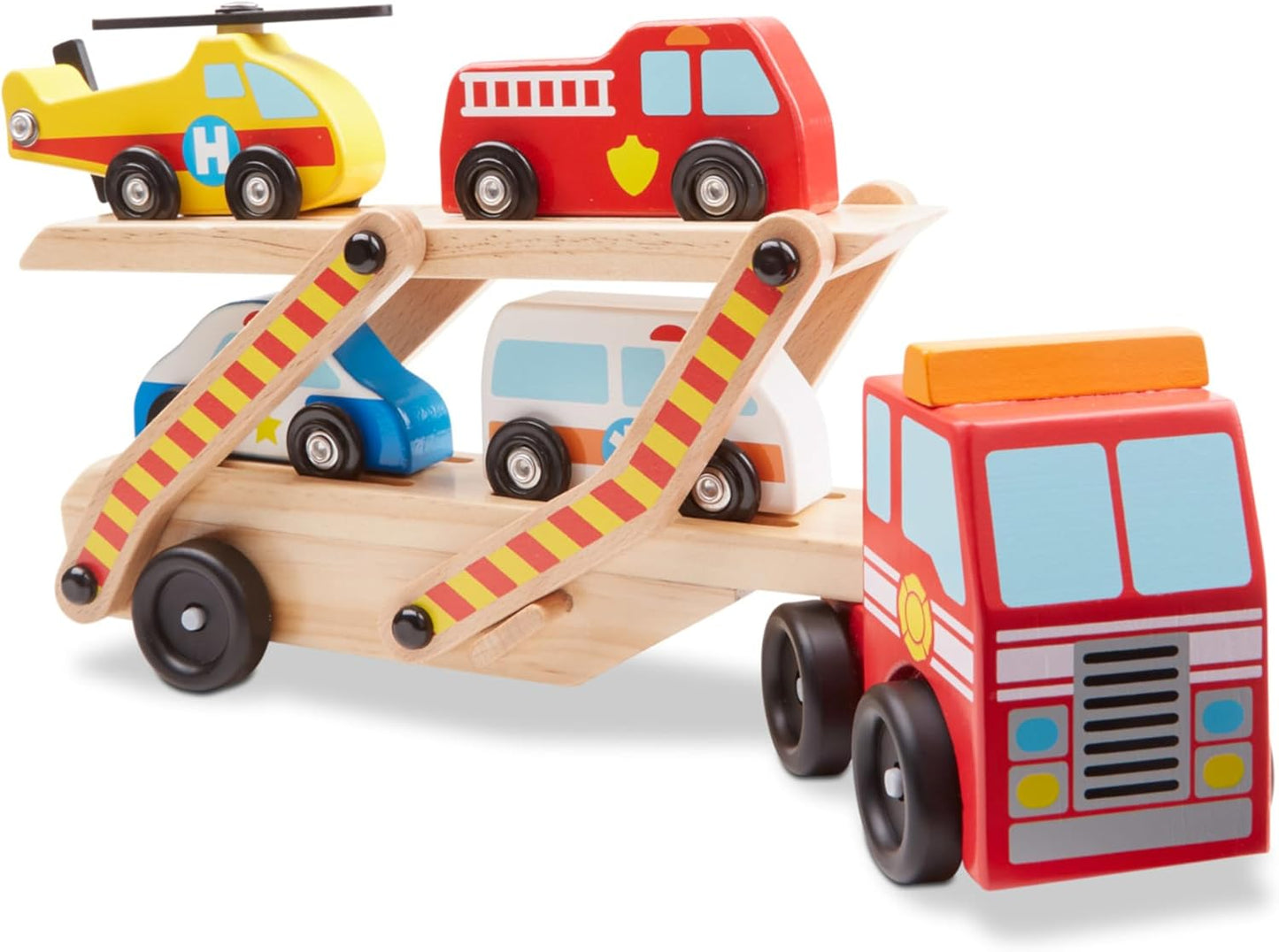 #0300383 Melissa & Doug - Wooden Emergency Vehicle Carrier Truck Set - Toy Hermit